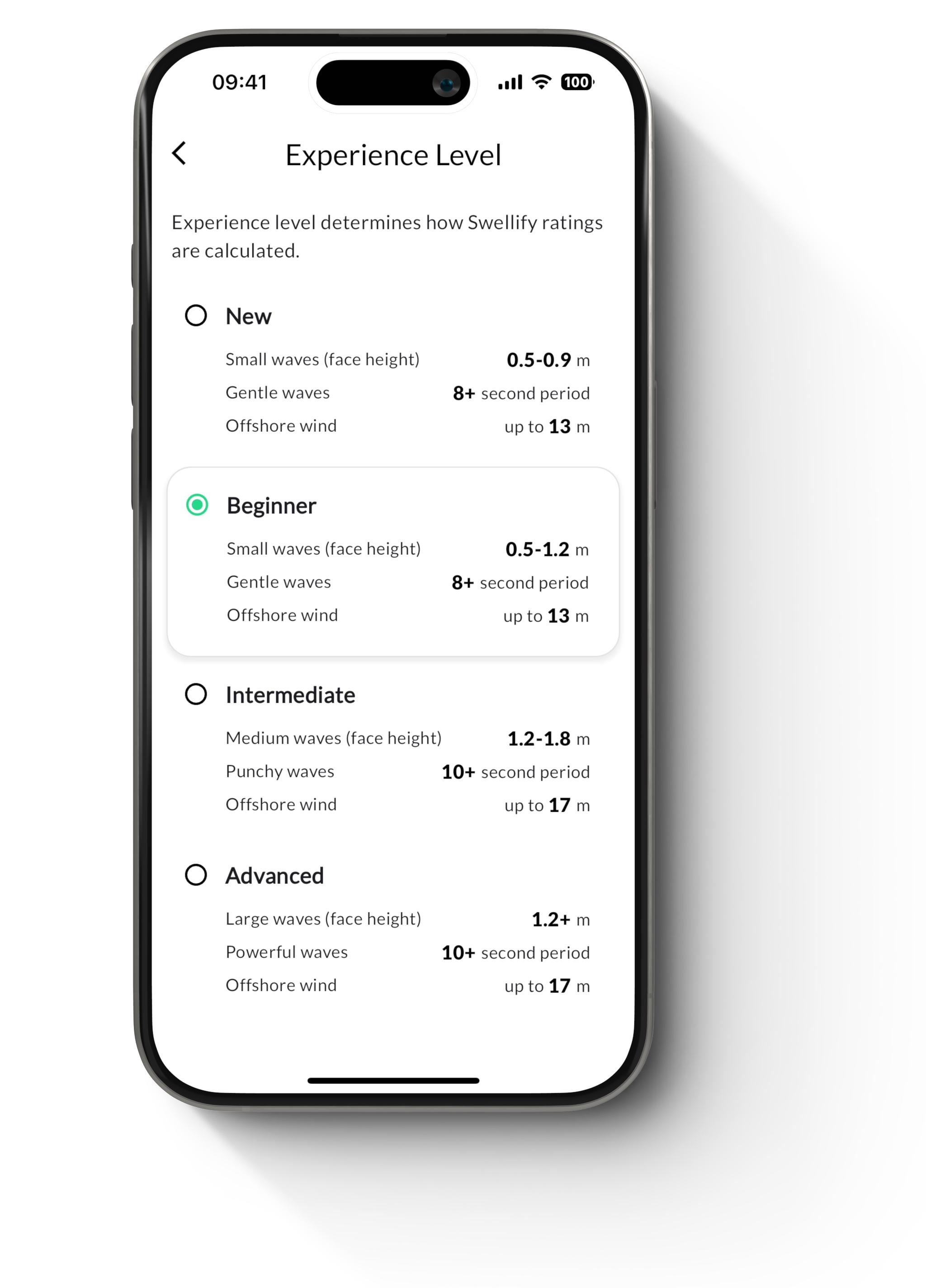iPhone 15 showing Swellify experience level settings