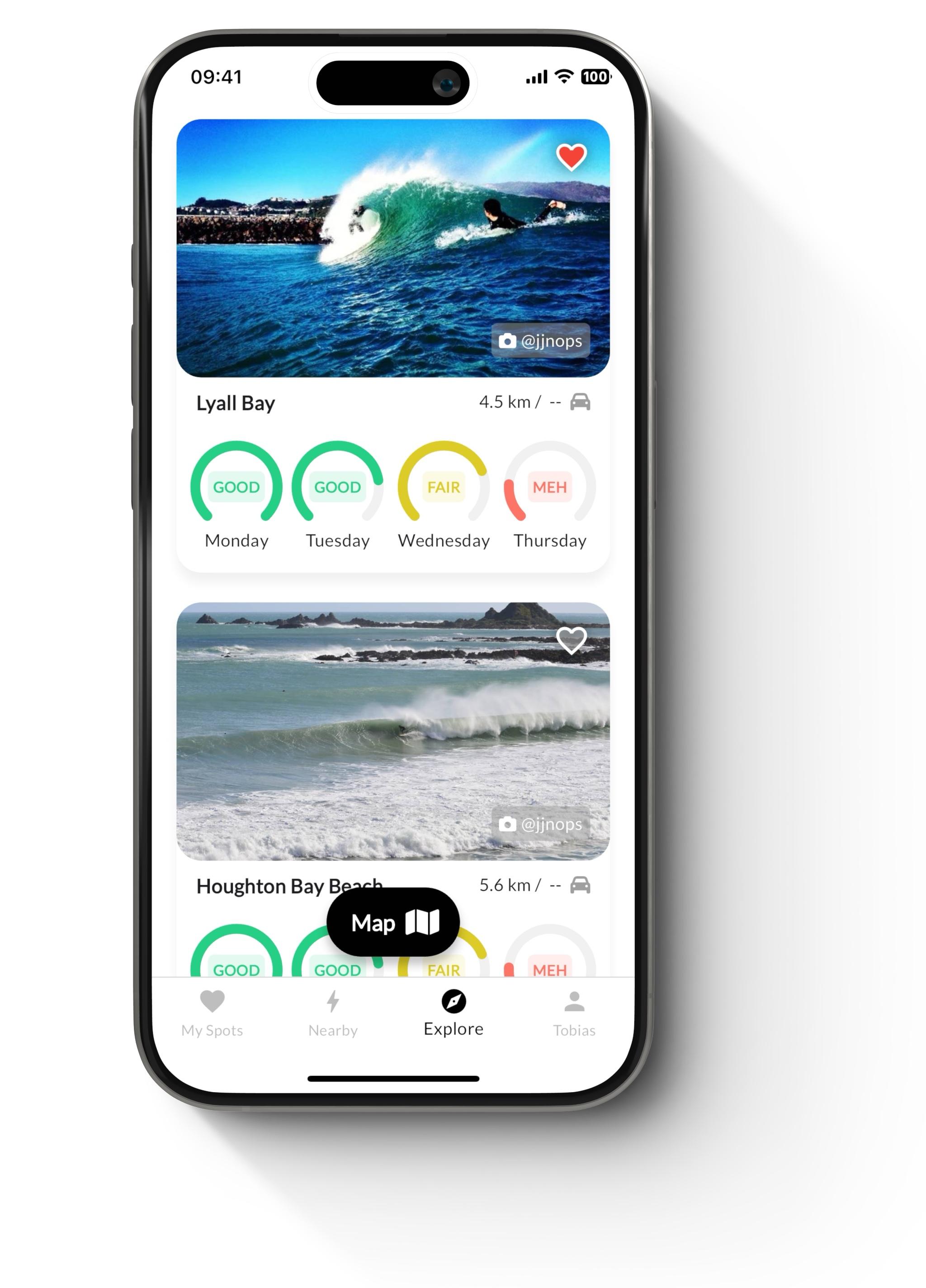 iPhone 15 showing Swellify Explore Page