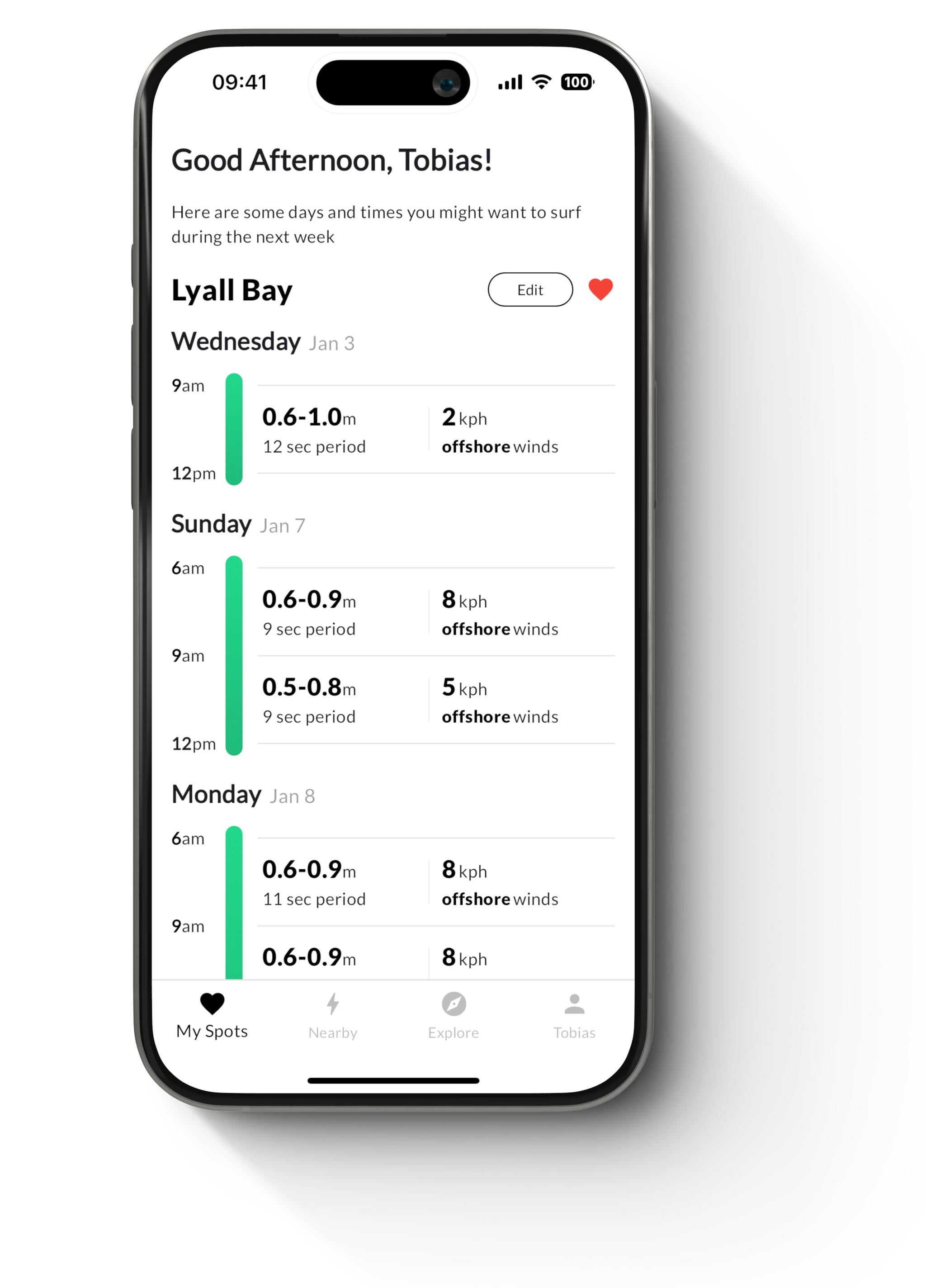 iPhone 15 showing Swellify My Spots tab