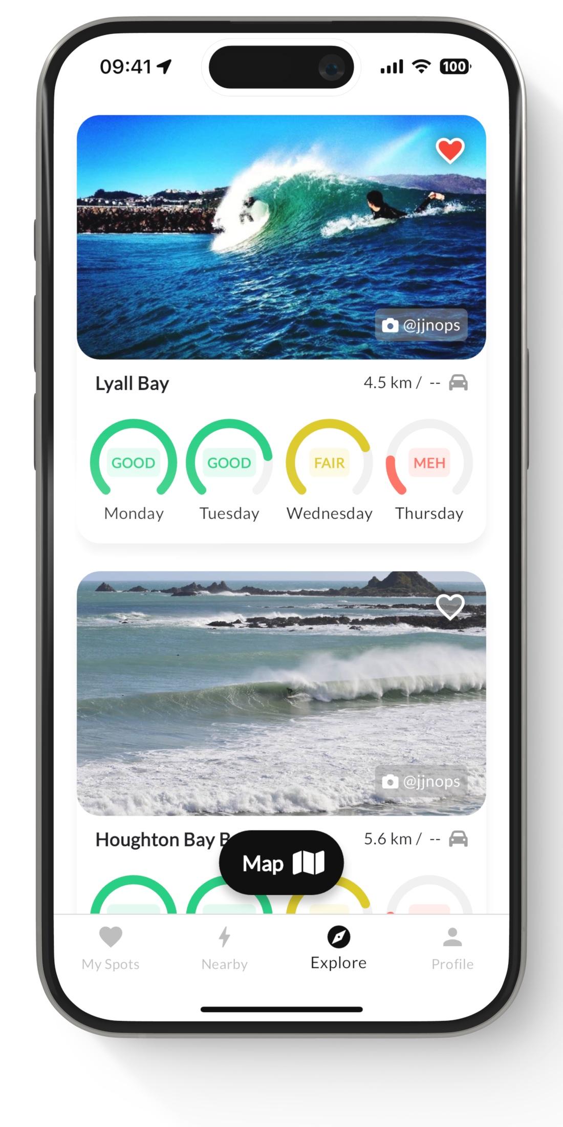 iPhone 15 showing Swellify Explore Page